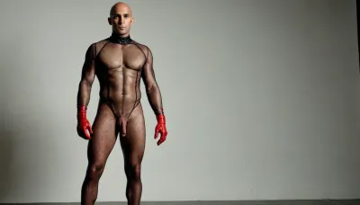 a Indian 30 year old BALD man with a erect big penis, posing sexy in crotchless fishnet full bodysuit, standing, wearing latex long gloves, holding his own big penis, <lora:xpenis-1.5e:1>, full body view, 24k