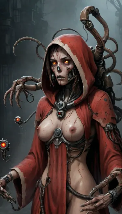 (Mechanicus, female tech priest:1), emaciated, very thin body, Full-length, cyberpunk, bionic body, ((mechanical tentacles)), mechanical, ((arms mechanicus)), robot eyes, (high rank), (dirty and torn red robe), hood, art by Hayao Miyazaki, wires and mechanisms in the body, cyborg, stunning eyes, gorgeous, twohanded axe, [3D], 0.9, best quality, masterpiece, perfect anatomy, highres, ultra-detailed, 8k wallpaper, illustration, texture, detail, unique, aesthetics, HDR, extremely detailed CG, beautiful detailed eyes, dynamic lighting, cinematic lighting, perfect face, ray tracing, cyberpunk city, pieces of flesh, body parts, iron fragments, wires, decay, fuel oil ., (((Servitors near her feet))), Servos of the Skull, <lora:AdvancedEnhancerXLv2:2>, <lora:Mechanicus-000005:2>, <lora:Servitor:2>