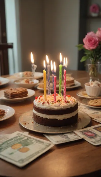 birthday, gifts, cake, table, money, huge SIM card, not pipple, not woman, (sim card 1:1.2)