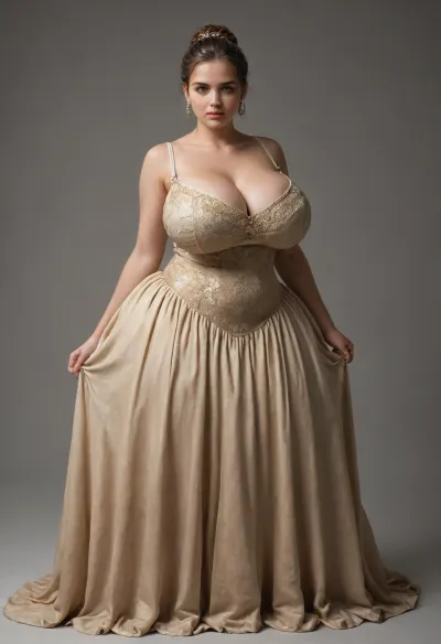 A woman, (ethnicity:1.4), ((((plump women of Balzac age:1.4)))), (((plump women of the Renaissance))), (age 45:1.2), ((in Rococo-era dress:1.4)), center frame, looking at viewer, holding a yellow fan, plain gray background, studio lighting, soft shadows, high detail, (((dramatic pose))), elegant atmosphere, sharp focus, 8k resolution, (detailed fabric texture:1.4), artstation quality., (hyper breast:1.2), (hyper ass:1.2)