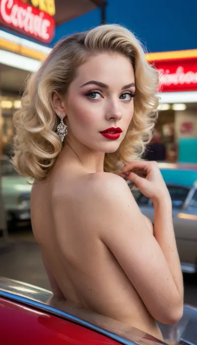 A hyper-realistic cinematic still of a breathtaking white woman working as a carhop at a bustling 1950s American drive-in diner at twilight. Her face is illuminated by the soft golden glow of neon signs reflecting off polished chrome car bumpers. She has luminous, porcelain skin with a natural radiance, high sculpted cheekbones that catch the light perfectly, and a delicate, defined jawline tapering into a graceful chin. Her lips are full and sensuous, painted in a deep vintage red with a subtle sheen that glows under the neon lights. Her nose is straight and finely proportioned, adding classical balance to her features. Her eyebrows are meticulously shaped—elegantly arched, thick but refined, framing her expressive, slightly wistful eyes. She has long lashes and understated eyeliner that evokes the timeless Hollywood glamour of the era. Her hair is platinum blonde, styled in soft, voluminous curls that cascade to her shoulders, with perfectly set waves that catch hints of pink and blue neon reflections. She wears small pearl earrings that shimmer subtly. Her expression is serene yet wistful, as if caught in a fleeting moment of reflection.

Behind her, the drive-in diner is alive with detail—gleaming chrome, art-deco architecture, checkerboard patterns, and glowing pastel neon signage reading “Starline Drive-In.” Rows of classic cars—Chevys, Buicks, and Fords—are parked beneath the glowing lights, their polished metal reflecting the vivid colors of the evening. The asphalt gleams slightly from a recent rain, mirroring the neon glow and creating cinematic reflections. In the distance, waitresses on roller skates weave between cars, carrying trays with milkshakes and burgers, while the faint silhouettes of couples sit inside their convertibles. The scene is framed like a classic 1950s film still—rich in atmosphere, nostalgia, and cinematic lighting, 8K ultra-realism, shallow depth of field, film grain, golden-hour hues., (((Explicit))), (((nude))), (topless)