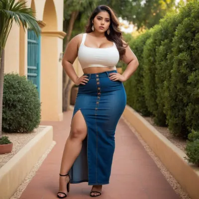 Latina young woman Chubby Girl wearing bodycon jeans long skirt
