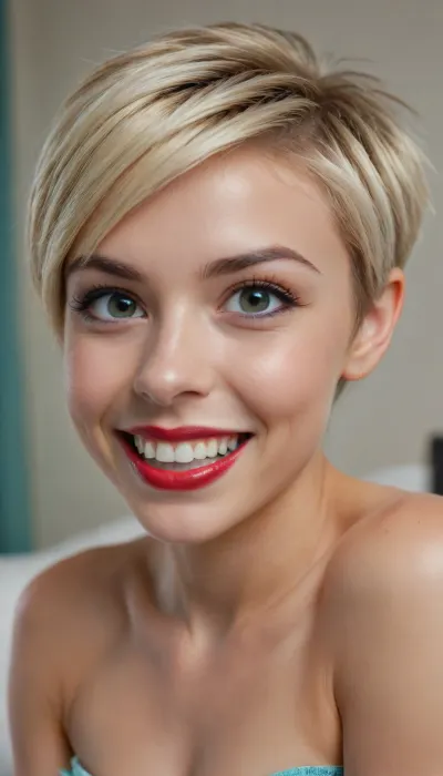 highly detailed picture of a young woman 22 years old with a radiant, open smile. skinny, full body in view, nude, bedroom, uberfit, muscular, athletic, She has an oval face with a moderately strong jawline and a soft, rounded chin. Her lips are full and bright, with a vibrant red lipstick emphasizing her wide, joyful smile, revealing straight, white teeth. Her nose is small and slightly upturned, with a playful charm. Her cheeks are full and lift with her smile, showing natural flush.
Her eyes are a clear, light blue, wide and bright, conveying happiness. Her eyebrows are thin, light blonde, and subtly arched, almost disappearing into her hair color. Her forehead is smooth and clear, partially covered by her distinctive hairstyle.
Her hair is a striking, multi-toned style. The dominant color is a very light, almost platinum blonde, with distinct sections of vibrant teal or mint green mixed in, particularly on the top and sides, and a streak of brighter blue visible. The cut is a modern, edgy, layered pixie style. The top layers are short and spiky, pointing upwards and slightly forward, giving it volume and texture. The sides are cut shorter, possibly shaved or faded, while longer strands frame her face and extend past her ears, creating a dynamic contrast.
The lighting is direct and bright, highlighting her features and the vivid colors of her hair. The background is dark and indistinct, possibly a blurred interior, keeping the focus entirely on her face. The image should capture her lively personality, with exceptional detail in the hair texture, the sparkle in her eyes, and the sincerity of her smile. The style should be photorealistic with a focus on capturing her unique and expressive look., <lora:uberfit_lora_sdxl:.4>, <lora:EnvyCuteXL08:.8>