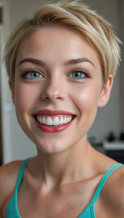 highly detailed picture of a young woman 22 years old with a radiant, open smile. skinny, full body in view, nude, bedroom, uberfit, muscular, athletic, She has an oval face with a moderately strong jawline and a soft, rounded chin. Her lips are full and bright, with a vibrant red lipstick emphasizing her wide, joyful smile, revealing straight, white teeth. Her nose is small and slightly upturned, with a playful charm. Her cheeks are full and lift with her smile, showing natural flush.
Her eyes are a clear, light blue, wide and bright, conveying happiness. Her eyebrows are thin, light blonde, and subtly arched, almost disappearing into her hair color. Her forehead is smooth and clear, partially covered by her distinctive hairstyle.
Her hair is a striking, multi-toned style. The dominant color is a very light, almost platinum blonde, with distinct sections of vibrant teal or mint green mixed in, particularly on the top and sides, and a streak of brighter blue visible. The cut is a modern, edgy, layered pixie style. The top layers are short and spiky, pointing upwards and slightly forward, giving it volume and texture. The sides are cut shorter, possibly shaved or faded, while longer strands frame her face and extend past her ears, creating a dynamic contrast.
The lighting is direct and bright, highlighting her features and the vivid colors of her hair. The background is dark and indistinct, possibly a blurred interior, keeping the focus entirely on her face. The image should capture her lively personality, with exceptional detail in the hair texture, the sparkle in her eyes, and the sincerity of her smile. The style should be photorealistic with a focus on capturing her unique and expressive look., <lora:uberfit_lora_sdxl:.4>, <lora:EnvyCuteXL08:.8>
