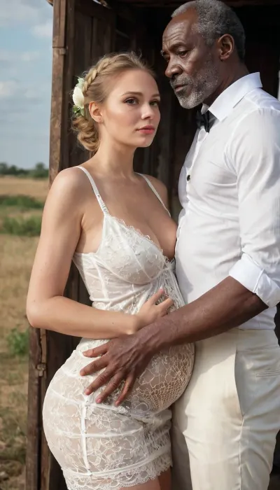 memorable wedding photo, big perky boobs, 1 stunning, (((sad russian bride))), pregnant, ponytail, messy dark blonde hair and radiant skin in a deeply cut V-neck lace, (((sexy micro short dress wedding))), gown with sheer, (((White fishnet hold-ups))), exuding hot and seductive charm, 1 very bad, (((african old man))), bad fat features in black suit, standing close, both confidently, in an African countryside ghetto ultra detailed image, best quality, photorealistic style, no distortion, torn, fly, down, at, _______, <lora:tornclothesv6-8:.8>, <lora:405168_training_data:.8>