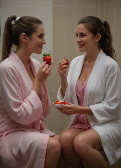 Two adult women, sitting opposite each other, look at each other seductively, smiling, lustfully, A beautiful girl with long brown hair and a pink negligee, eat strawberries with cream, A mature woman with gray hair tied in a bun and wearing a white shower robe, .