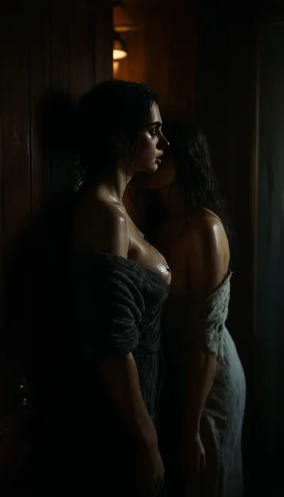 (two girls:1.9), (mother and Daughter:1.9), (Rear view:1.9), Apartment, bathroom, shower background, bathroom background, (horny girl), (horny face), black hair, long hair, wet hair, blue eyes, Thick eyebrows, Ruined makeup, Crying, red lips, Thick lips, (Voluptuous body type), wet body, Water on body, (extrime huge tits), Freckles, Moles, Venous pattern on tits, very hairy pussy, Black nails, (standing leaned on the door:1.5), (wear Bathrobe:1), score_9, score_8_up, score_7_up, (<lora:add-detail-xl:.75>:1), (<lora:detailed_notrigger:.75>:1), (<lora:MJ52:.75>:1), (<lora:dark:.35>:.1), (<lora:outline_xl_kohaku_delta_spv5x:1.9>:1)