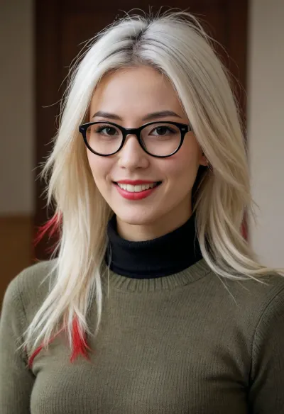 Smiling Japanese woman, mid/early twenties, (long spiky white hair with multiple red streaks), (rectangular black glasses), (form-fitting black turtleneck sweater), (form-fitting khaki pencil skirt), light skin, confident/friendly expression, rounded face, caring/nurturing vibes