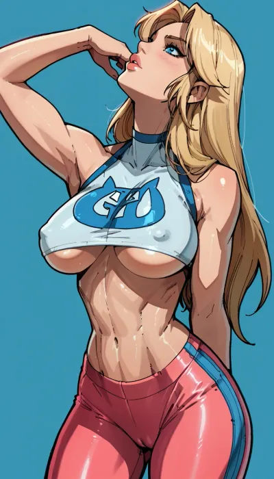 Score_9, score_8_up, score_7_up, reiq meets markgavatino artstyle snub nose, supermodel face, blue eyes, big lips, (long blonde hair, straight hair), (athletic body, narrow waist, wide hips, large breasts), (arching back, head back, bent forward:1.2), thick puffy nipples, toned abs, toned hips, toned arms, cameltoe, pink with wite leggings, cowl neck green micro top, underboob, sideboob, blue background, rim light, cute, doodle, ratatatat74, <lora:cutedoodle_XL-000012:.8>, <lora:ratatatat74-000050:.8>, <lora:NEOTOKIOXL_0.2_RC:.8>