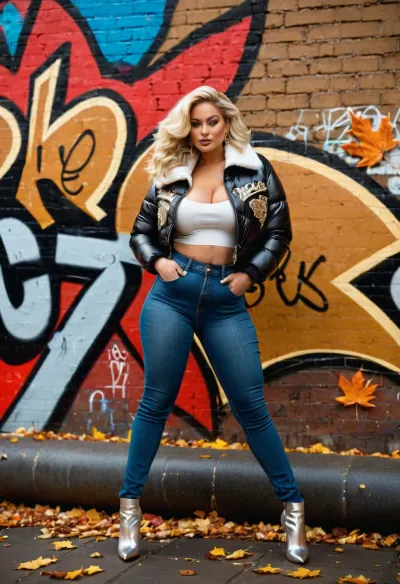 A curvaceous luxury 22 year Polish model, bronze-toned skin with a voluptuous hourglass figure, huge full breasts, wide hips, and thick thighs, long platinum blonde hair with loose waves, bold hazel eyes with a confident smirk, wearing tight blue skinny jeans with embroidered back pockets, a cropped metallic silver puffer jacket, (2016 street style), and glossy black thigh-high leather boots with stiletto heels reaching mid-thigh, posed bending forward with her ass prominently pushed out against a graffiti-covered urban wall, late afternoon city street with autumn leaves scattered, hip-hop-inspired neon signs in the background, in the style of urban erotic photography by Terry Richardson, hyper-detailed textures on leather and denim, (provocative:1.3), edgy and trendy, 8k resolution"