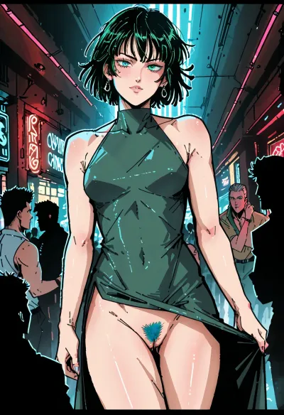 Score_9, score_8_up, score_7_up, markgavatino artstyle, Fubuki from one punch man, luxurious tight micro dress, no panties, lewd girl, hairy pussy, dancing, intense motion, strip club, neon lights, ratatatat74, high contrast, dutch angle, flat colors, no gradients, (thick outline), <lora:ratatatat74-000050:.8>, <lora:cartoon_stickers_xl_v1:.8>, lineart, line, art, flat, colors, color, <lora:lineartSDXL:.8>