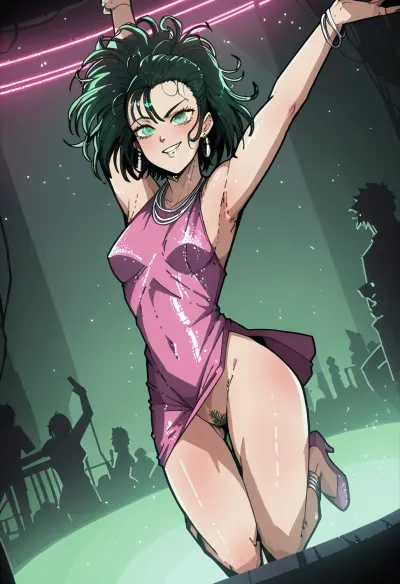 Score_9, score_8_up, score_7_up, markgavatino artstyle, MIZUKI from one-punch man, luxurious tight micro dress, no panties, lewd girl, hairy pussy, dancing, intense motion, mid-motion shot, jumping, strip club stage, neon lights, green spotlight, ratatatat74, high contrast, dutch angle, flat colors, no gradients, (thick outline), lineart, line, art, flat, colors, color, <lora:ratatatat74-000050:.8>, <lora:cartoon_stickers_xl_v1:.8>, <lora:NEOTOKIOXL_0.2_RC:.8>, <lora:lineartSDXL:.8>