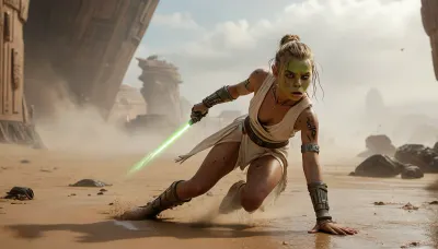 Star Wars Style, heroic full body action image of a 28 years old female dignified solo Jedi Warrior, (Alien Orc:1.4), fighting in huge spaceport on desert planet, (the Jedi toga, which was unintentionally opened wide during the fight, allows a view of her trained body:1.6), highly detailed opened Jedi costume, (beige fishnet stockings:1.2), (cape:1), slender, slim waist, perfect face, long blonde matted dreadlocks, flat breasted, sweating skin, dirt, perfect tanned skin, lucky charm necklace, (perfect lightsaber:1.5), perfect hands, belt, highly detailed face, (small waist:1), (tiny erect nipples:1.3), (bubble butt:1.2), (thick thighs:1.3), (long legs:1.3), (multicolour hair:1.2), (beads in hair:1.3), (nude:1.2), (full body view:1.2), (all over tribal tattoo:1.7), (full thigh tribal tattoo:1.3), (piercing:1.2), (perfect eyes:1.4), 8k, grassy plains, desert, floating warm sunlight, Background, (millennium falcon), R2-D2, shipyard, many droids Background, many droids, intricate detail, highly detailed, breathtaking, panoramic, cinematic, (3D, Framed, Woman), Macabre, FRESHIDEAS, Real, Photography, 2#, cloudy, smoke, atmospheric, clouds, fog, downblouse, nipslip, <lora:MJ52:1.4>, <lora:FRESHIDEAS Real Photography 2#:.4>, <lora:Cloudy_Style:.8>, <lora:RealDownblouseXL2:1.1>