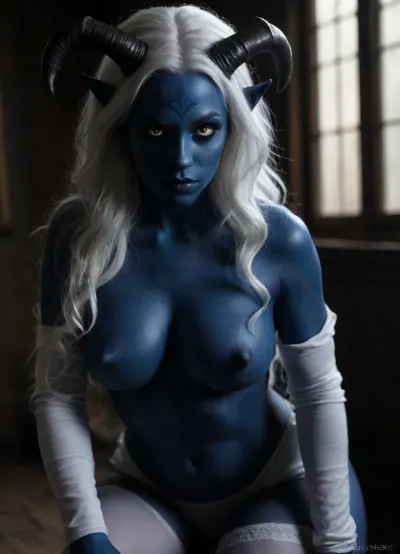 high detailed, beautiful model, pretty young German face, big blue eyes, purple lips, elf ears, model body, (extremely blue skin:1.5), draenei horns, (black horns:1.3), (luscious long wavy hair:1.2), (white hair:1.4), saggy breasts, pussy, (white stockings:1.2), (white elbow gloves:1.2), facing viewer, masterpiece, soft lighting, best shadows, indoor, very detailed, best quality, (photorealistic), <lora:dark:.2>