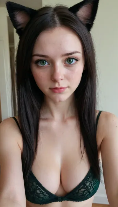 Amateur selfie, long black hair, green eyes, cat ears, freckles everywhere, tight and firm, 18 years old girl, very slim girl, Best quality, realistic, slim waist, nice perky tits, large breasts, Looking at the camera, fresh face, shy look, pale, very petite girl, very detailed, <lora:eGirls_XL_v1:.9>