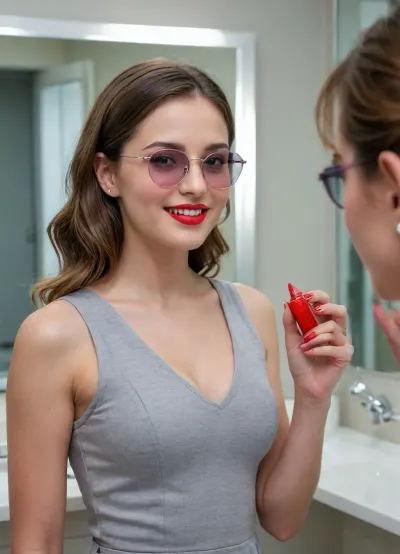 The image shows a yo girl wearing a sleeveless gray dress with decorative details on the shoulders. She has long, wavy brown hair and is smiling while applying red lipstick. She holds a red lipstick in one hand and a compact mirror in the other, which is partially open. Red sunglasses rest on top of her head, and she has pinky-red nail polish, matching her lipstick. The background is plain and light-colored, emphasizing her as the focal point., CUM, DONATION, ASSISTANCE, FELLATIO, TITS, SEX, HANDJOB, FOOTJOB, AFTER, VAGINAL, <lora:CUM DONATION ASSISTANCE:1.4>