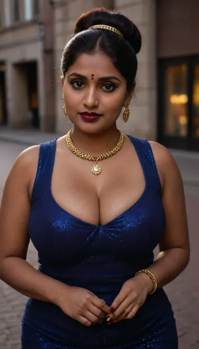 Indian sexy beautiful mature women 40 yo stylish voluptuous curvy body bbw, in a blue sleeveless bodycon glitter dress, city square, big bust, she has burgundy lipstick, elaborate black necklace big moles on cleavage. Bracelet golden bangles, She has long hair tied in a bun, seducing smirks, brown skin, skin, chiaroscuro, low-key, Mayra, <lora:Darker_skin_SDXL:.5>, <lora:zavy-cntrst-sdxl:.3>, <lora:Mayra-10:.5>