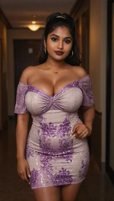 Indian sexy beautiful mature women 40 yo stylish voluptuous curvy body bbw, in a cream purple ditsy floral off shoulder mini bodycon glitter dress, thick thighs, high heels, city square, big bust, she has burgundy lipstick, elaborate black necklace big moles on cleavage.massive bust, Bracelet golden bangles, She has long hair tied in a high ponytail, seducing smirks, heart love tatto on hands, brown skin, skin, chiaroscuro, low-key, Mayra, <lora:Darker_skin_SDXL:.3>, <lora:zavy-cntrst-sdxl:.3>, <lora:Mayra-10:.7>