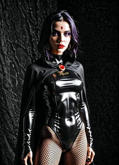 masterpiece, best quality, high resolution, hires, score_9, score_8_up, score_7_up, score_6_up, (DC comics titans raven:1.4), light Grey skin, short black hair, goth make up, red diamond on forehead, slim body, dark purple skin tight leotard, black fishnet leggings, long dark purple cloke and hood, black leather choker, serious expression, at night, titan tower in background, incase style, fantasy, <lora:White_Slime_-_Anime:1.5>, <lora:dark:.8>