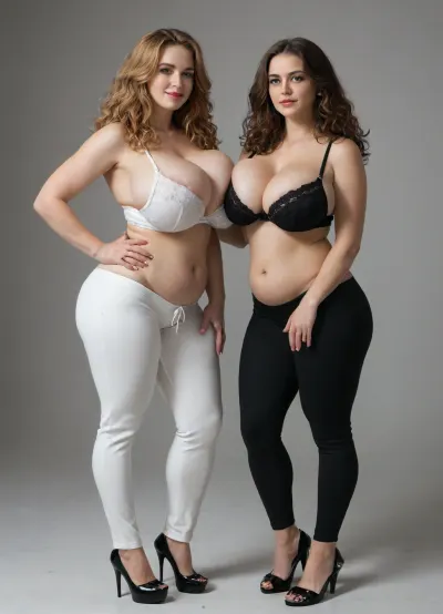absurdres, highres, ultra detailed, ((two mature Russia random womans)), extreme hourglass figure, Persian face, brown hair with blonde ginger and red high lights, very long wavy styled hair, green eyes, plus size embroidered bra, tight gem harem pants, (slim body composition), low pregnanti, (((soft lower belly))), hands cupping breasts, ((gigantic breasts, huge firm round breasts), GiganticBreastsXL), spiked heels, side view, fullview, full view