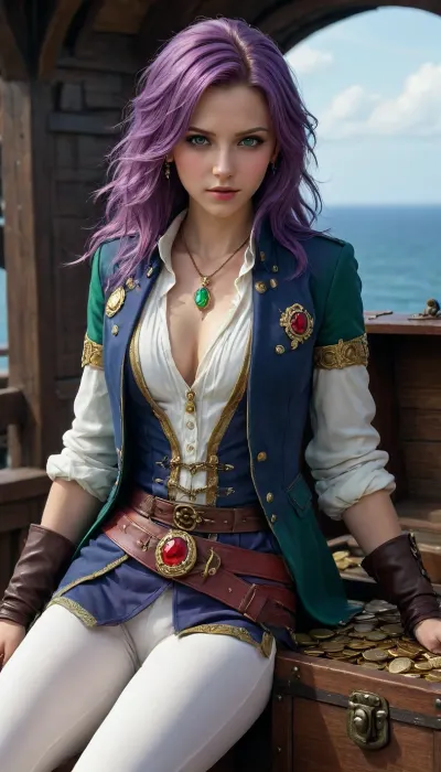 1girl, Faris Scherwiz, Final Fantasy, satisfied face, side-parted big locks of hair, disheveled, green eyes, deep cleavage, (legs spread), tight white trousers, black boots with yellow prints, sitting on big treasure chest, touching breasts, shiny golden coins, jewelry, red jewels, green emeralds, blue sapphire, diamonds, F4r1s, Sch3rw1z, purple, hair, jacket, tunic, jewel, Captain, <lora:Faris_Scherwiz:.8>, <lora:jewelry:.8>, <lora:add-detail-xl:.8>