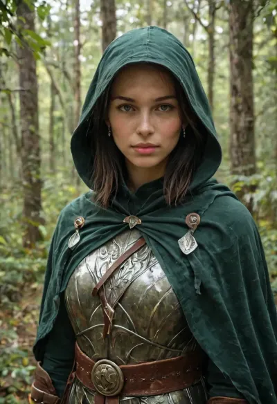 beautiful female ranger, Dungeons and Dragons style, standing in a dense forest with sunlight filtering through the leaves, wearing dark green leather armor with a hood and cloak, longbow in hand, quiver on her back, alert expression, forest mist and soft light beams, realistic foliage, cinematic lighting, photorealistic textures, ultra-detailed, 8k, RAW photo, natural tones, depth of field, realism, fantasy photography aesthetic