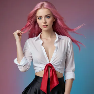 (The image depicts a young woman with long, flowing pink hair and blue eyes, posing in a provocative manner. The woman is the central figure in the image, and her appearance is the primary focus. She has long, flowing pink hair that cascades down her back, and her bright blue eyes are accentuated by subtle shading. Her facial expression is soft and inviting, with a gentle smile playing on her lips. She is dressed in a white shirt, which is partially unbuttoned, revealing her bare breasts, and a black skirt with a red sash tied around her waist. Her left hand is raised to her face, with her index finger touching her cheek, while her right hand rests on her thigh.

The objects and items visible in the image are primarily the woman's clothing and her hair. The white shirt is loose-fitting and appears to be made of a lightweight material, while the black skirt is flowing and has a subtle sheen to it. The red sash adds a pop of color to the image and creates a sense of contrast with the more subdued tones of the woman's clothing. The background of the image is a soft, gradient blue, which provides a calming and serene atmosphere. The overall effect is one of intimacy and vulnerability, as if the woman is sharing a private moment with the viewer.

The setting and environment of the image are not explicitly defined, but the soft, gradient blue background suggests a dreamlike or ethereal quality. The lighting in the image is soft and diffused, with a subtle glow that accentuates the woman's features. The overall atmosphere is one of quiet contemplation, with the woman's gentle expression and relaxed pose creating a sense of calm.

The image has a distinctive and memorable quality, with the woman's provocative pose and expression drawing the viewer's attention. The use of soft colors and subtle shading creates a sense of depth and dimensionality, while the gradient blue background adds a sense of atmosphere and mood. Overall, the image is a captivating and intimate portrayal of a young woman, inviting the viewer to engage with her quiet, contemplative world. shaved pussy)