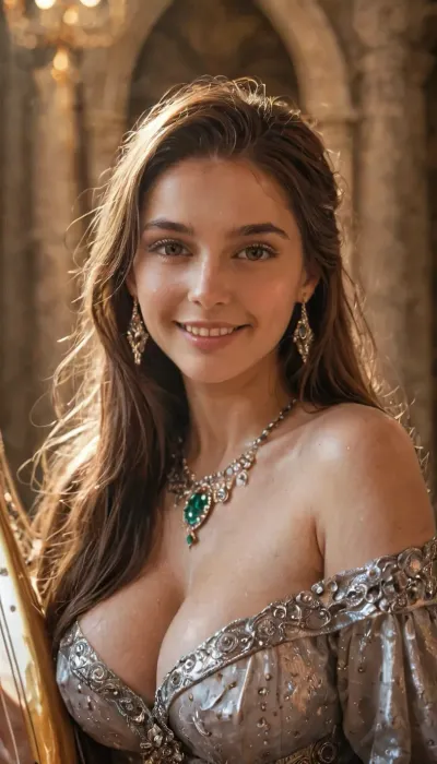 female bard, Dungeons and Dragons style, performing on a moonlit stage inside an elven court, wearing detailed elegant body chains with jewels and silk, playing a golden harp surrounded by soft glowing lights, long hair cascading down her shoulders, warm gentle smile, large breasts, pubic hair, cinematic soft lighting, photorealistic textures, ultra-detailed, 8k, RAW photo, realistic fantasy portrait, ethereal atmosphere, subtle lens flare and depth of field