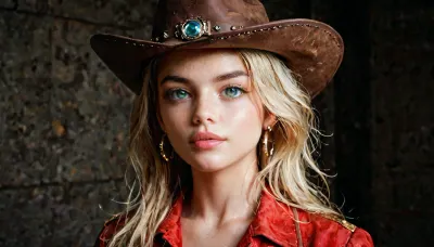 A beautiful blonde woman wearing cowboy boots and a hat, looking at the camera. She is wearing red, white, and blue . This appears to be a photoshoot, with a close-up portrait and a cowboy aesthetic. The lighting is cinematic, and the background is a studio setting., <lora:add-detail-xl:.8>, <lora:detailed_notrigger:.8>, green, eyes, blue, brown, perfecteyes, <lora:PerfectEyesXL:.8>, raw, lighting, overexposed, harsh, flash, <lora:Rawfully Stylish v0.2_epoch_20:.8>