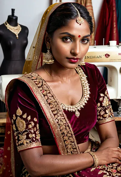((luxurious, chic wedding lehenga choli)), (choli blouse, lehenga skirt, and dupatta), (velvet fabric), (transparent dupatta), ((rich burgundy color)), (heavy gold embroidery), (rich floral patterns), gold threads, beads, sequins, (on a mannequin), (Indian patterns), (traditional Indian wedding attire), (elegant), (full skirt), worn on a mannequin in, (double exposure, (picture within a picture), (exquisite workmanship), (high detail), (deep focus), (photorealism:1.3), (studio lighting:1.2), (soft shadows), (Indian seamstress with dark skin and bright Indian facial features, with Indian lips and slightly protruding Indian eyes, with an Indian nose, with a bindi on her forehead:1.6), (wearing a blue sari), (kneeling in front of a mannequin), (double exposure), (with a needle in her hand, embroidering a wedding sari with gold thread), (in a cramped workshop with a sewing machine in the background:1.2), (warm colors), (clear details), professional photography, 8k, ultra HD.)