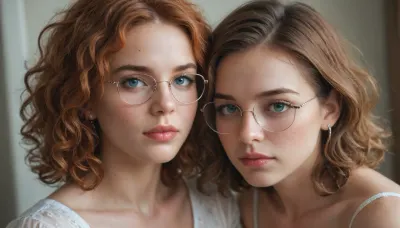 2 twin women, one blonde and the other redhead with blue eyes, with glasses, short, curly hair, staring at the camera focused from above, with their faces very close to each other