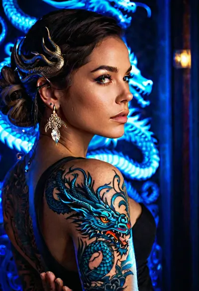 Close-up portrait of a mysterious woman with an intricate glowing dragon tattoo in brilliant blue light. The tattoo covers part of her arm and face, creating a transcendent and supernatural light. The woman's facial expression is calm and focused, with delicate features and hair adorned with elegant accessories. The background is dimly lit, highlighting the neon lights of the tattoo. His clothes are dark, making his bright tattoos stand out. The general atmosphere is futuristic and mysterious.