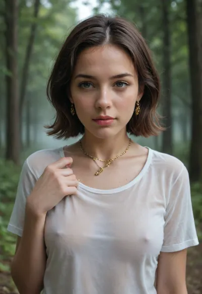 White French female 45 yo, milf, brunette bob haircut with Fringe, standing in dark forest, on glimpse of light, wearing a detailed grey t-shirt and leopard thong and, gold chain on neck, small breasts, pubic hair, perfect hand and fingers, cinematic moody lighting, fog and soft blue tones, photorealistic textures, ultra-detailed, 8k, RAW photo, realistic fantasy portrait, mysterious atmosphere, depth and realism