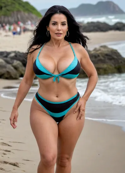 A very old, mature Latina in a Rio swimsuit walks provocatively along the beach, her very long black hair blowing in the wind, her plump breasts bouncing in time with her stride, extremely round, plump, firm ass, thin waist, full breasts, wide hips, hourglass figure, looking back., large, breasts, boobs, tits, bottomheavy, big, ass, huge, gigantic, thick, thighs, massive, <lora:bombshell_v2:.2>, <lora:bottomheavy_v1_sdxl_tags:.3>