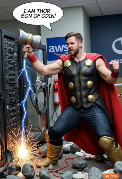 An enraged Thor smashes servers in server room with his Mjolnir in right hand, (Mjolnir), sparking network equipment, server debris, (blue thunderbolt strikes Thor's Mjolnir), thunder and flash, alarm fire extinguishing system, In background a logos "AWS" can be seen on wall, comic bubble with label "I am Thor son of Odin!", An atmosphere of epic and total destruction, (masterpiece), (high quality:1.2), (rich textures:1.2), detailed face, realistic skin, <lora:add-detail-xl:1.8>, <lora:MJ52:.5>