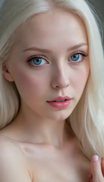 An Asian albino girl, Japanese, long silky white hair of great length, expressive large bright blue eyes, thick white eyebrows, endlessly white long eyelashes, a thin graceful neck, graceful thin hands of the correct anatomy, thin fingers with a soft pink manicure, the girl has massive natural large breasts with soft pink nipples, nipples sharpened, the girl hugs her knees, leaning her head on them, turning her head to the viewer, looking straight at him with blue eyes, her dazzling, smooth white skin beckons to touch her.