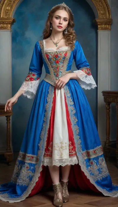 Full-length portrait of a Russian beauty in a national costume, lace filigree of bright, saturated color. Very clear, highly detailed watercolor, glaze technique, as well as colored alcohol ink in the style of V. Vasnetsov. She lifts the hem of her dress with her hands, revealing blue lace panties, ((that have dropped to her knees)), . Ultra-high detail, photorealism and crystal clear 32 KB resolution allow you to create a true masterpiece. Full-size image, including boots