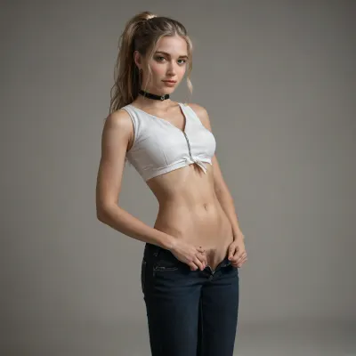 full portrait of woman, ((20 years old)), cheeky smile, high quality, (long blonde straight blonde hair, ponytail), ((athletic fit body, slim body)), (realistic), soft focus, insanely detailed, highest quality, ((tied-front crop top)), midriff, choker, naked waist, Swedish woman, ((unzipped pants, opened pants, shown pubic hair, stripe wax pubic hair, sexy pubic hair, woman hands pulling her pants down))