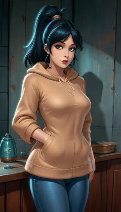 (reiq art style:1.6), 30 years old woman with glamorous goth makeup, lipstick, wearing tight jeans and a beige hooded sweatshirt and backpack, black hair, ponytail, looking at viewer, alluring, inviting, (standing)
