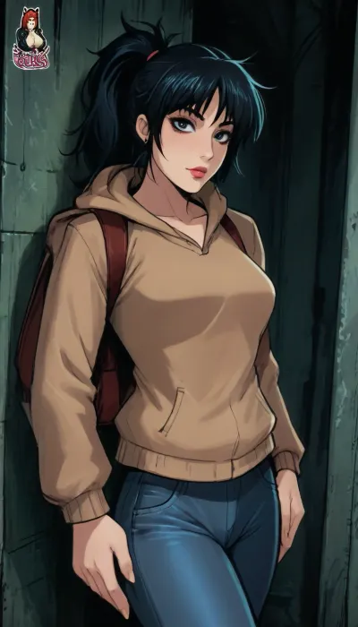 (reiq meets markgavatino artstyle:1.6), 30 years old woman with glamorous goth makeup, lipstick, wearing tight jeans and a beige hooded sweatshirt and backpack, black hair, ponytail, looking at viewer, alluring, inviting, (standing), doodle, ratatatat74, <lora:cutedoodle_XL-000012:2>, <lora:ratatatat74-000050:2>, <lora:NEOTOKIOXL_0.2_RC:2>, <lora:outline_xl_kohaku_delta_spv5x:2>