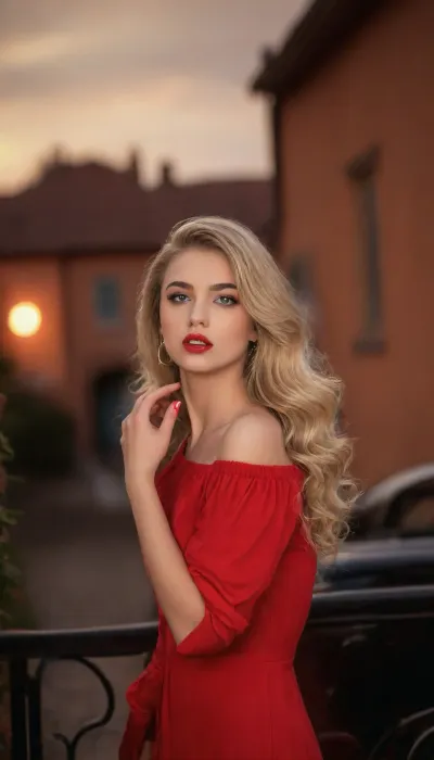 A beautiful blonde woman Realistic, A glamorous woman stands confidently in a vibrant red dress that accentuates her figure. She wears matching red gloves and a wide-brimmed red hat, her long wavy hair gently blowing in the breeze. The background features classic vintage cars and a sunlit street, evoking a lively, retro atmosphere. Her makeup is bold, with red lipstick and dramatic eyes, enhancing her striking beauty. The overall scene exudes a sense of elegance and allure, set against a warm, (inviting backdrop. --ar 1:2), --style raw --v 7, natural skin texture, <lora:add-detail-xl:.8>, <lora:detailed_notrigger:.8>, green, eyes, blue, brown, perfecteyes, <lora:PerfectEyesXL:.8>, raw, lighting, overexposed, harsh, flash, <lora:Rawfully Stylish v0.2_epoch_20:.8>