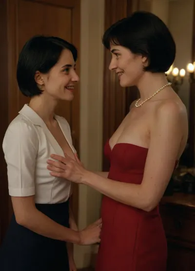 (1 young woman + 1 older woman), A slender and very beautiful young European woman of 20, with short black hair, innocent, married, dressed in a school uniform, meets an older, beautiful, elegant and executive woman, (the young woman looks passionately at the older woman), (small breasts:1.3), (the older woman's hand masturbates the young woman in her crotch), caresses, smiles, mischief, lust, (an older woman abuses a young woman), lezdom, elegant wardrobe background, high detail, excellent image quality, <lora:681678_training_data:.8>, <lora:openxl_handsfix:.8>