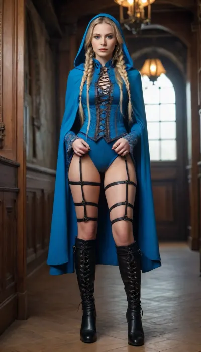 beautiful woman, blonde hair braided in long braids, blue eyes, tight colored suit, hooded cape, lace-up boots, stands with legs apart, straps on her feet, steampunk