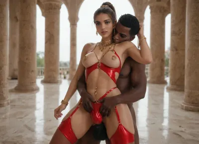 African Femboys, Rounded feminine curves, (Horny reach around:1.3), Grabbing crotch from behind, Entertaining guests, (Penis bulge:1.3), (red BDSM outfit:1.2), Gold details on outfit, Stockings, Medium breasts, (Large nipple rings:1.2), High ponytail, Necklace, Navel piercing, (jewelery:1.2), BDSM sex party, Arabian palace
