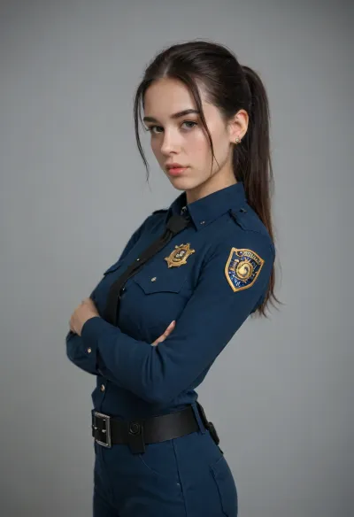 An 18-year-old girl, slender, with huge brown eyes and a sweet face. Long black hair slicked back and pulled into a ponytail. Petite, small butt, narrow hips, medium breasts. Dressed in a police uniform and blue uniform trousers, HannekenJpPcSm, <lora:HannekenJpPcSmXL2.0:2>