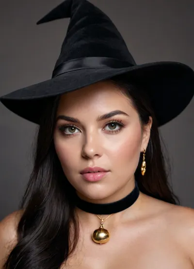An ultra-photorealistic studio portrait of a stunningly beautiful chubby fat witch with black hair, a black witch's hat, and a black velvet choker with a gold pumpkin pendant, captured in a graceful three-quarter pose at a slight tilt. Her face is slightly turned to the side, tilted downward, and her gaze is directed upward, toward the viewer, creating a deep emotional connection. Her light olive skin has an incredibly smooth, refined texture—flawless yet realistic, with visible pores and a natural softness. Her thick, straight black hair is slightly tousled, with a few strands falling softly across her face, emphasizing the natural elegance of the moment. Her deep violet eyes are absolutely realistic—soft, not too bright. They naturally reflect the studio lighting, creating a soft, dewy glow, without exaggeration. Her lips are slightly parted and shiny, and she bites lightly on her lower lip—the gloss subtly catches the light without overpowering it. Her makeup is slightly smudged, adding a touch of individuality and sensuality, light eyeliner smudged at her temples, mascara barely smudged under her lashes. The studio lighting is subdued and focused, a single softbox at the side illuminates key areas, the lips, cheekbones, and corners of the eyes, while the rest of the face blends seamlessly into soft shadow. The background is completely dark and out of focus, creating sculpted features. Shot on full frame with an 85mm f/1.4 lens for an ultra-shallow depth of field. Skin texture, lip gloss, eye details, and individual strands of hair are rendered with microscopic photorealism. The atmosphere is mysterious, deeply intimate, and cinematic., <lora:Chubby BBW - XL:2>
