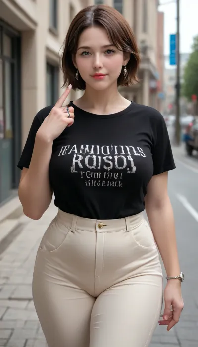 A hyperrealistic, full-body portrait of a, (mature:1.3), bbw woman, approximately 58-60 years old, with an olive skin tone and a beautiful, smooth complexion. Her ethnicity is Macedonian or Serbian. She has a full-figured, overweight body with thick thighs and big round hips. She has big, full, plump big lips and a beautiful, engaging smile. Her captivating light eyes draw you in, and her expression is alluring and suggestive. On her left-hand ring finger, she wears a diamond wedding ring. She is dressed in a very tight, thin white jersey t-shirt that drapes over and accentuates her curves, paired with very high-waist, fitted pants. The overall mood is one of subtle flirtation and confidence, with a hint of longing in her eyes. The portrait is captured with cinematic lighting, ultra-detailed, 8k resolution, and photorealistic quality. Her face, hair color, and light eye color are to match the likeness of the woman in the provided reference photo as closely as possible. She has a plump pelvis