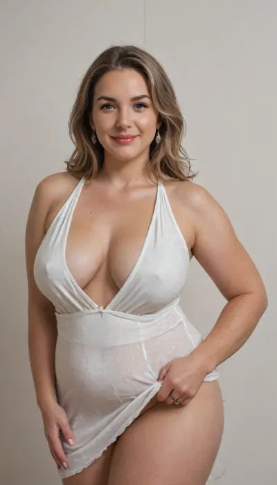 A hyperrealistic, full-body portrait of a, obese, (mature:1.3), bbw woman, approximately 58-60 years old, with an olive skin tone and a beautiful, smooth complexion. Her ethnicity is Macedonian or Serbian. She has a full-figured, overweight body with thick thighs and big round hips. She has big, full, plump big lips and a beautiful, engaging smile. Her captivating light eyes draw you in, and her expression is alluring and suggestive. On her left-hand ring finger, she wears a diamond wedding ring. She is dressed in a sleeveless, very tight, thin white jersey dress that drapes over and accentuates her curves, plunging neckline. The overall mood is one of subtle flirtation and confidence, with a hint of longing in her eyes. The portrait is captured with cinematic lighting, ultra-detailed, 8k resolution, and photorealistic quality. Her face, hair color has caramel highlights with silver or gray streaks. She has a plump pelvis, very plump waist. Long hair