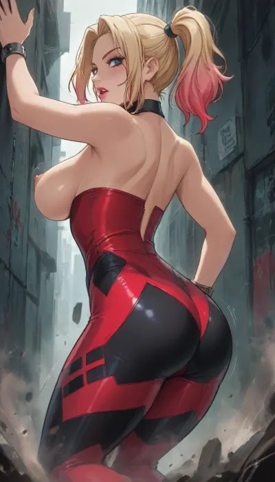Score_9, score_8_up, score_7_up, reiq meets markgavatino style, mid-motion shot of a busty Harley Quinn, jumping in a funny asimetrical pose, ass back, bouncing breasts, <lora:NEOTOKIOXL_0.2_RC:.8>, <lora:outline_xl_kohaku_delta_spv5x:1.2>, <lora:cartoon_stickers_xl_v1:.8>