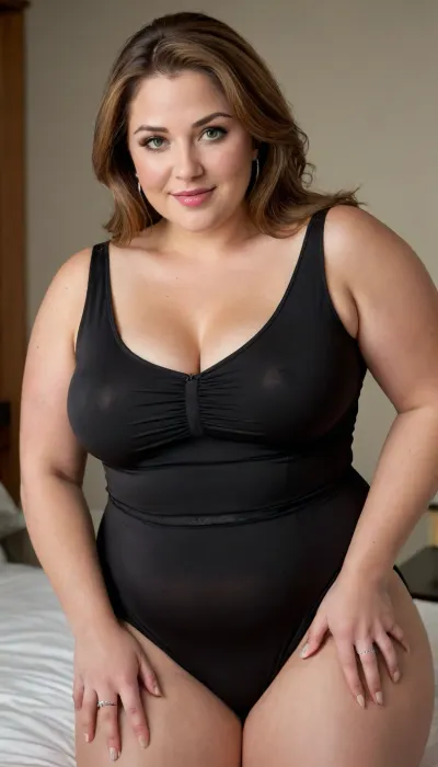 A hyperrealistic, full-body portrait of a, obese, very fat, chubby, (mature:1.3), bbw woman, approximately 58-60 years old, with an olive skin tone and a beautiful, smooth complexion. Her ethnicity is Macedonian or Serbian. She has a full-figured, overweight body with thick thighs and big round hips. She has big, full, plump big lips and a beautiful, engaging smile. Her captivating light eyes draw you in, and her expression is alluring and suggestive. On her left-hand ring finger, she wears a diamond wedding ring. She is dressed in a sleeveless, very tight, thin black jersey dress that drapes over and accentuates her curves, plunging neckline. The overall mood is one of subtle flirtation and confidence, with a hint of longing in her eyes. The portrait is captured with cinematic lighting, ultra-detailed, 8k resolution, and photorealistic quality. Her face, hair color has caramel highlights with silver or gray streaks. She has a plump pelvis, very plump waist. Thick hair, she has captivating green eyes, massive hips and thick thighs